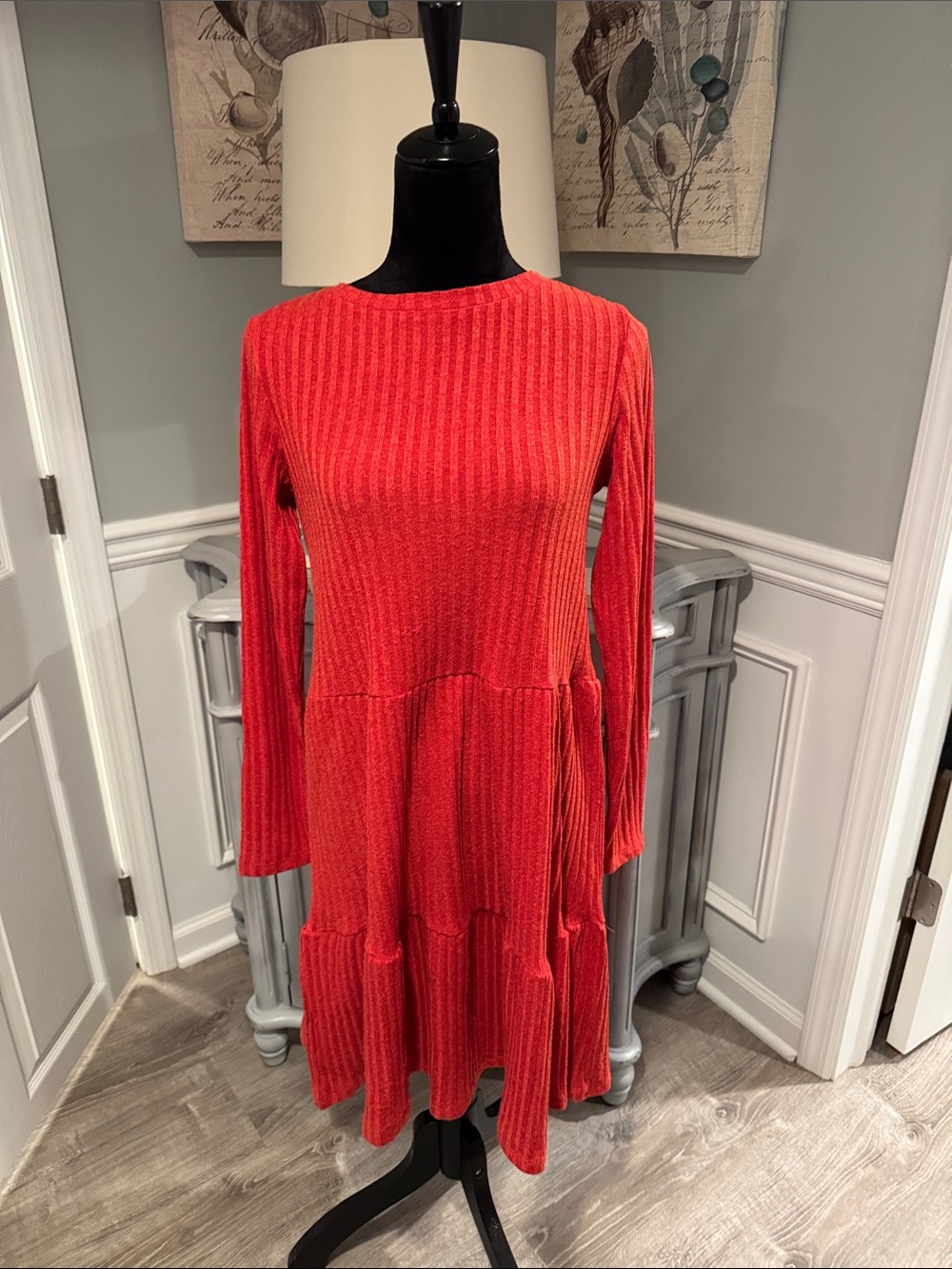 VILA Red Ribbed Long-Sleeve Tiered Knit Dress